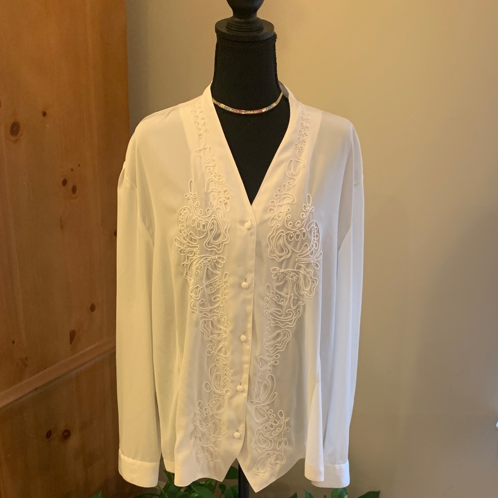 🌹80’s Vintage KATHY CHE • Elegant White FAUX PEARL Embroidered Women's BLOUSE